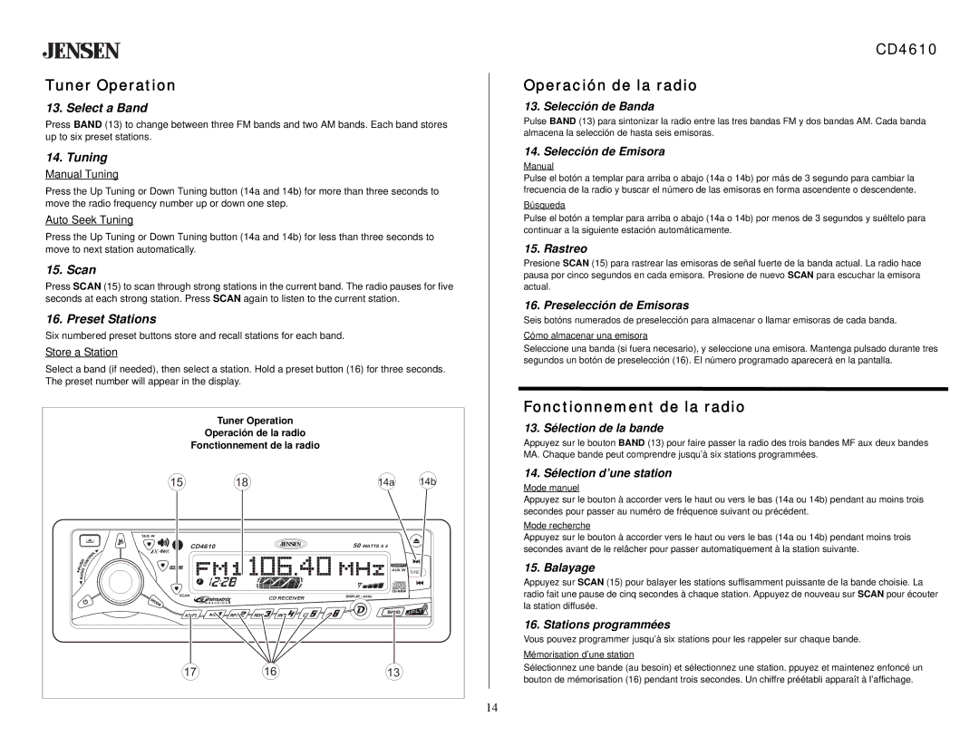 Jensen owner manual Tuner Operation, CD4610 Operación de la radio, Fonctionnement de la radio 