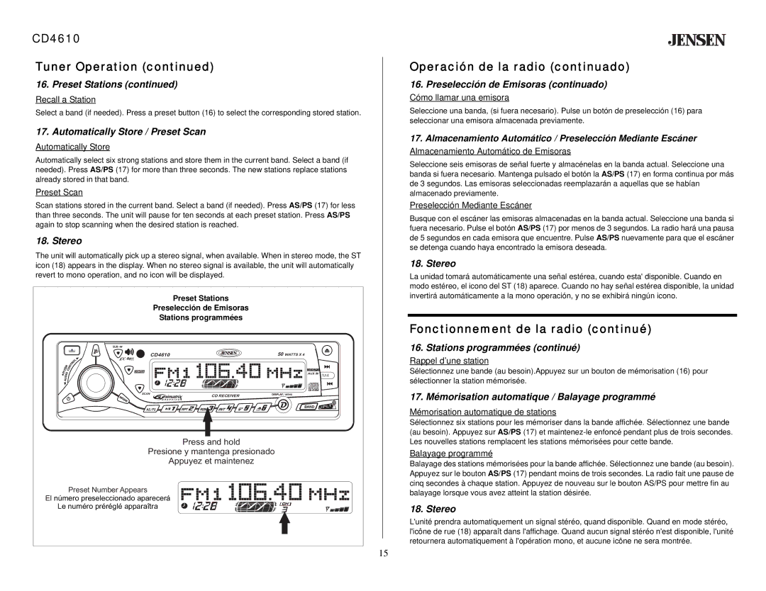 Jensen owner manual CD4610 Tuner Operation, Operación de la radio continuado, Fonctionnement de la radio continué 