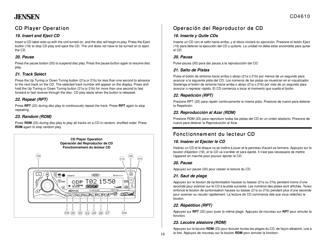 Jensen owner manual CD Player Operation, CD4610 Operación del Reproductor de CD, Fonctionnement du lecteur CD 