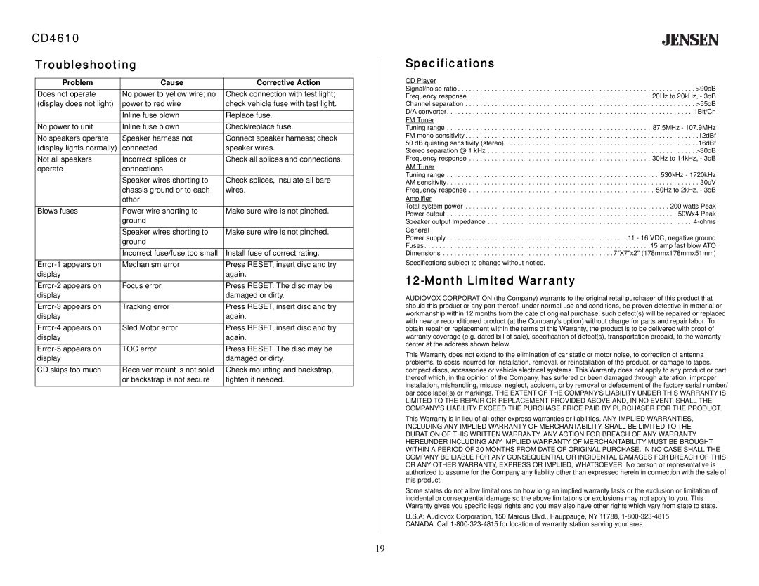 Jensen owner manual CD4610 Troubleshooting, Specifications, Month Limited Warranty 