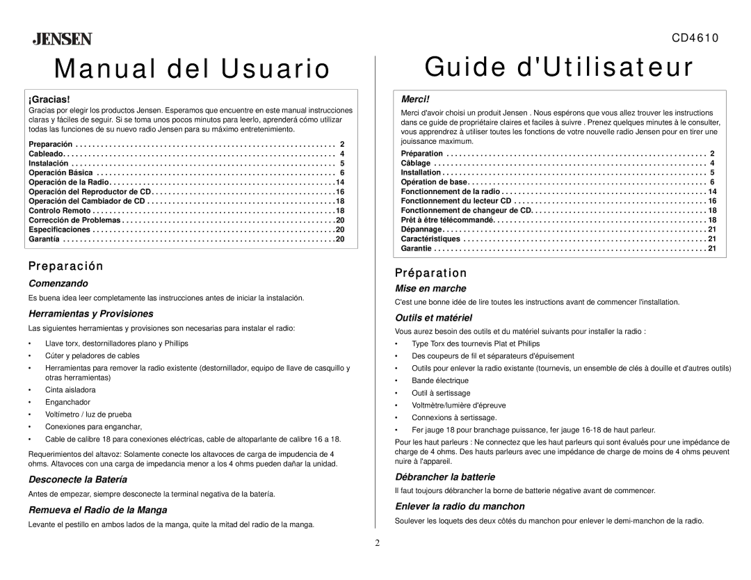 Jensen CD4610 owner manual Preparación, Préparation 