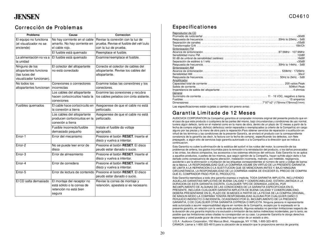 Jensen owner manual Corrección de Problemas, CD4610 Especificationes, Garantia Limitade de 12 Meses 