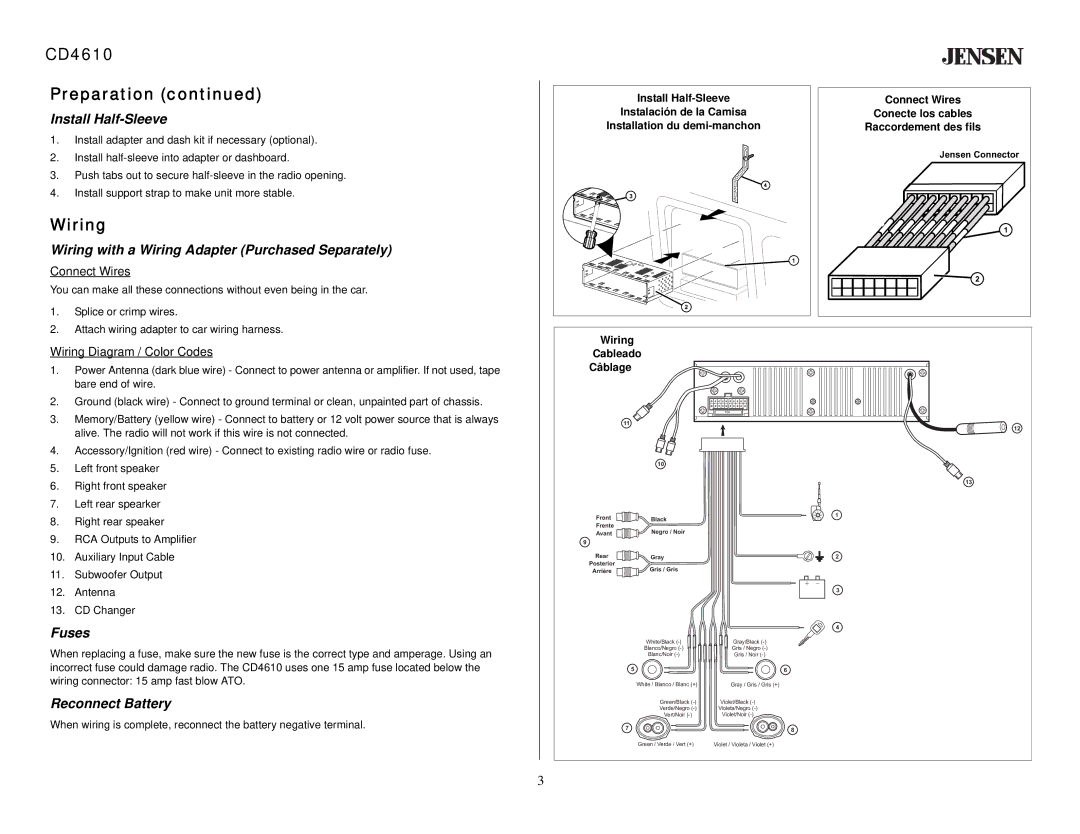 Jensen owner manual CD4610 Preparation, Wiring 