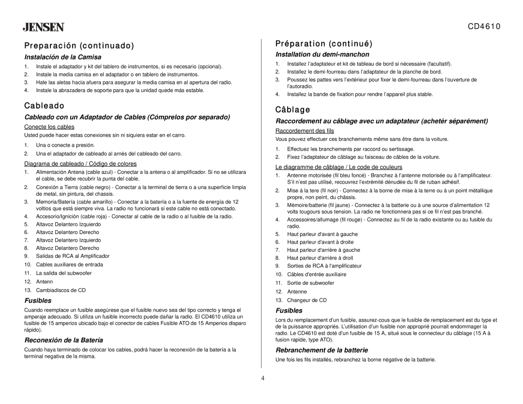 Jensen owner manual Preparación continuado, Cableado, CD4610 Préparation continué, Câblage 