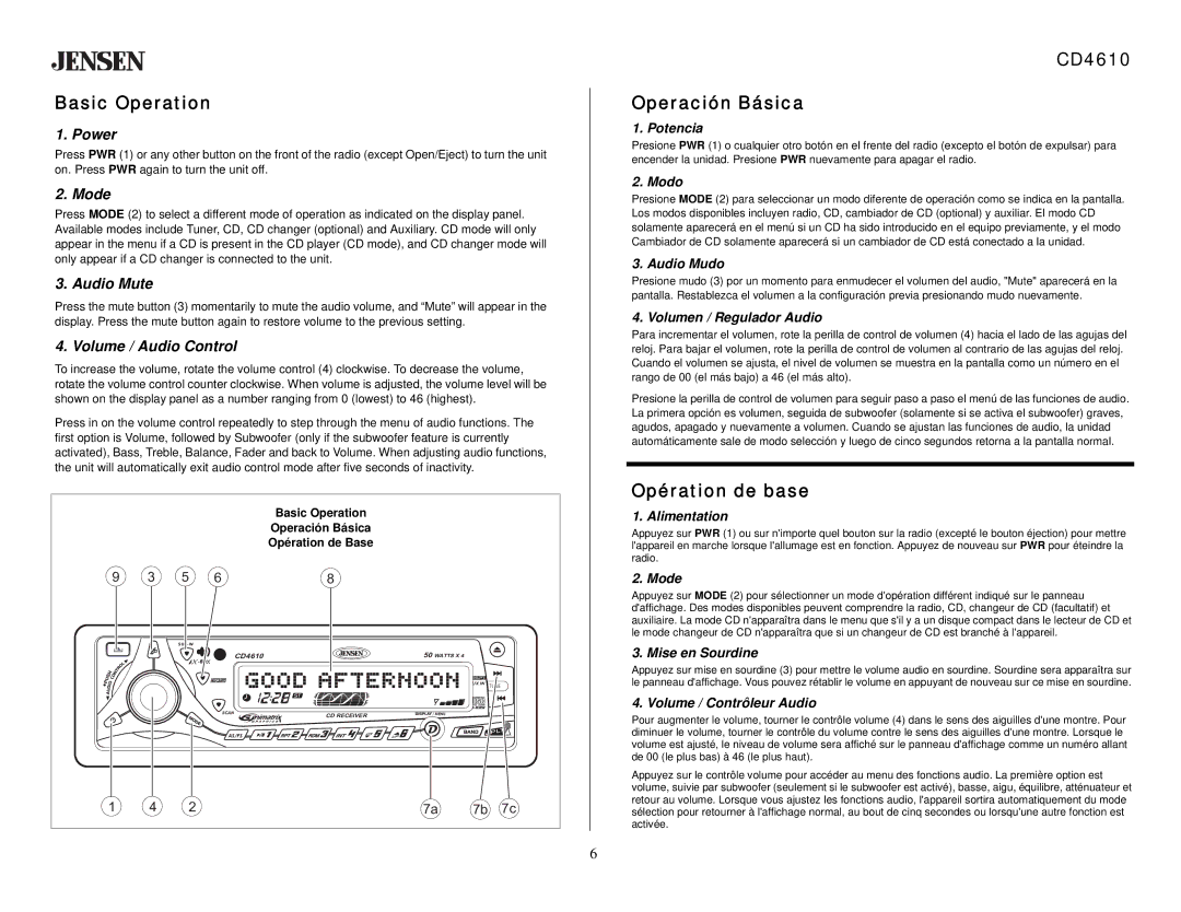 Jensen owner manual Basic Operation, CD4610 Operación Básica, Opération de base 