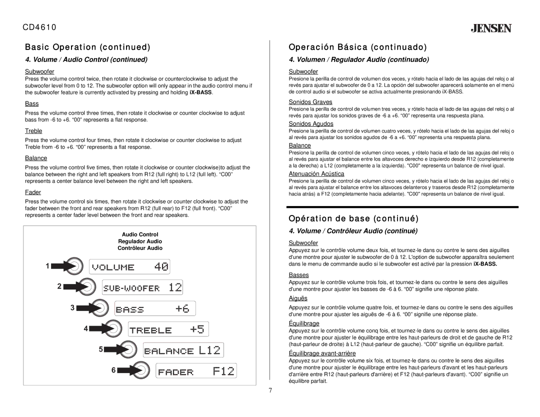 Jensen owner manual CD4610 Basic Operation, Operación Básica continuado, Opération de base continué 