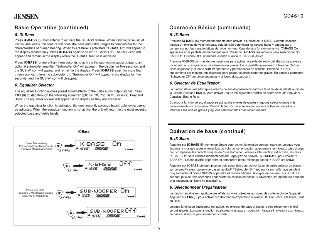 Jensen owner manual CD4610 Operación Básica continuado, IX-Bass, Equalizer Selector, Selector de Ecualizador 