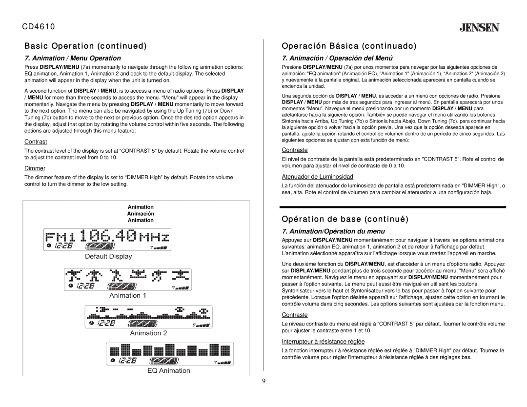 Jensen CD4610 owner manual Animation / Menu Operation, Animación / Operación del Menú, Animation/Opération du menu 