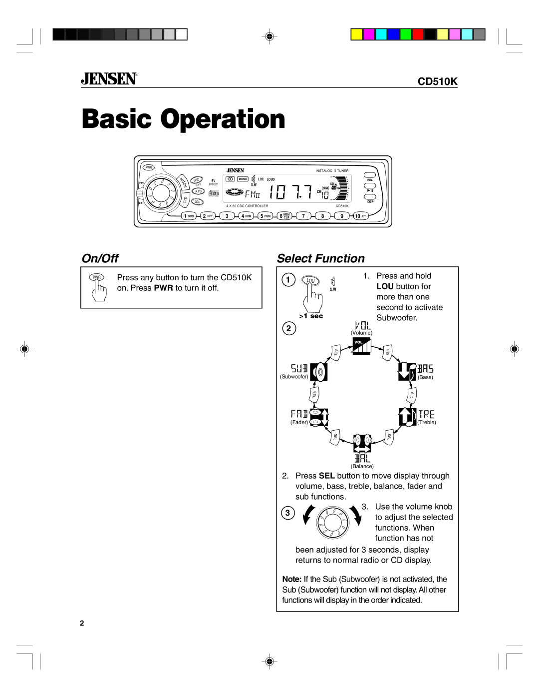 Jensen CD510K owner manual Basic Operation, On/Off, Select Function 