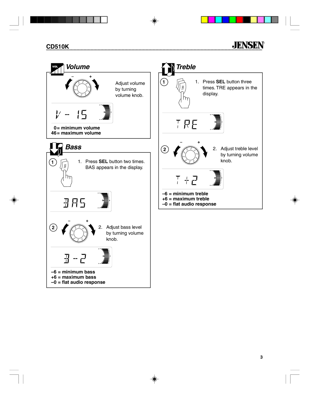 Jensen CD510K owner manual Treble, Bass 