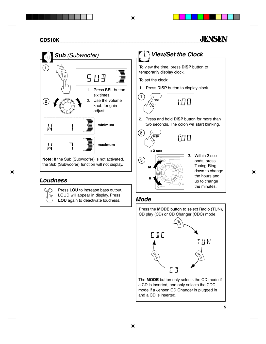 Jensen CD510K owner manual Loudness, View/Set the Clock, Mode 