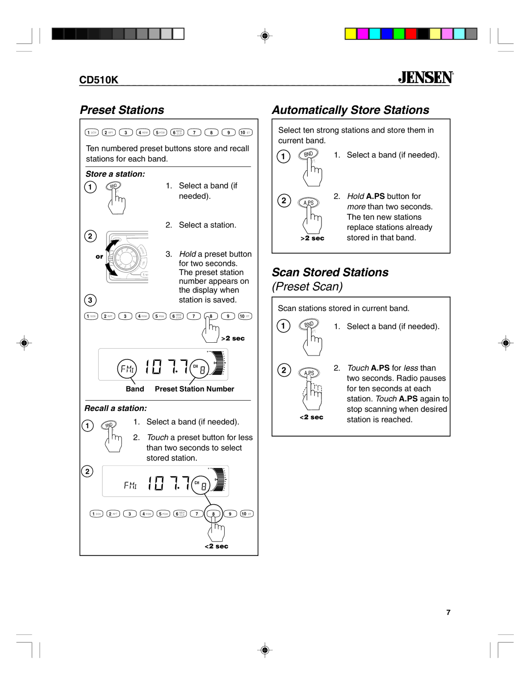 Jensen CD510K Preset Stations, Automatically Store Stations, Scan Stored Stations, Store a station, Recall a station 