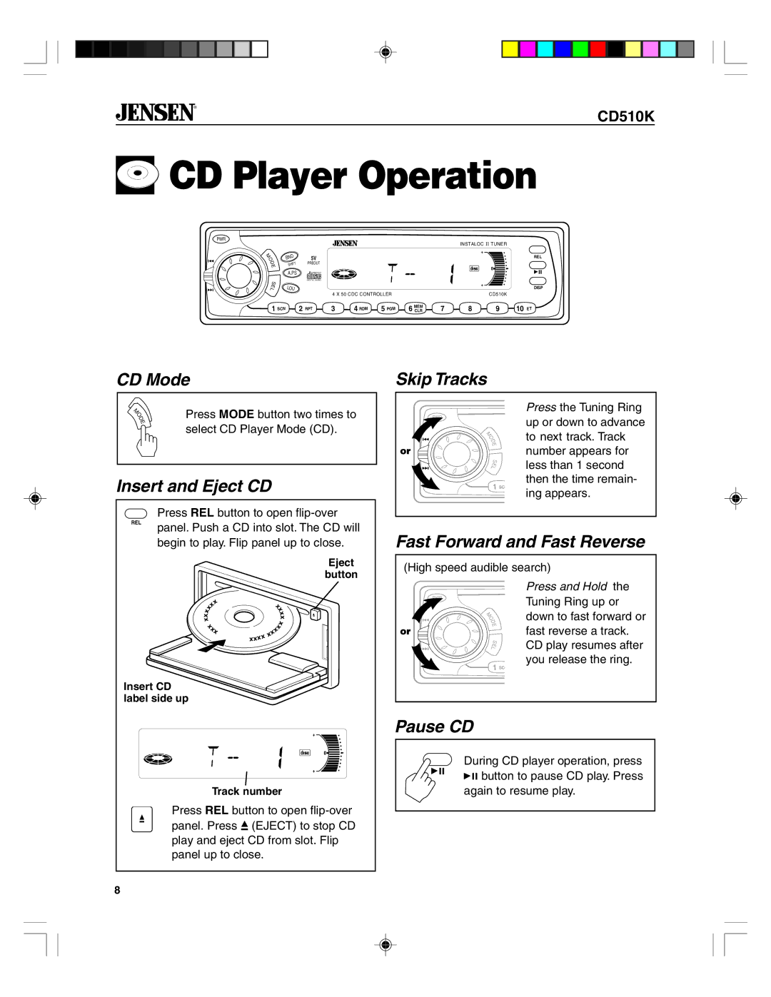 Jensen CD510K CD Player Operation, CD Mode, Insert and Eject CD Skip Tracks, Fast Forward and Fast Reverse, Pause CD 