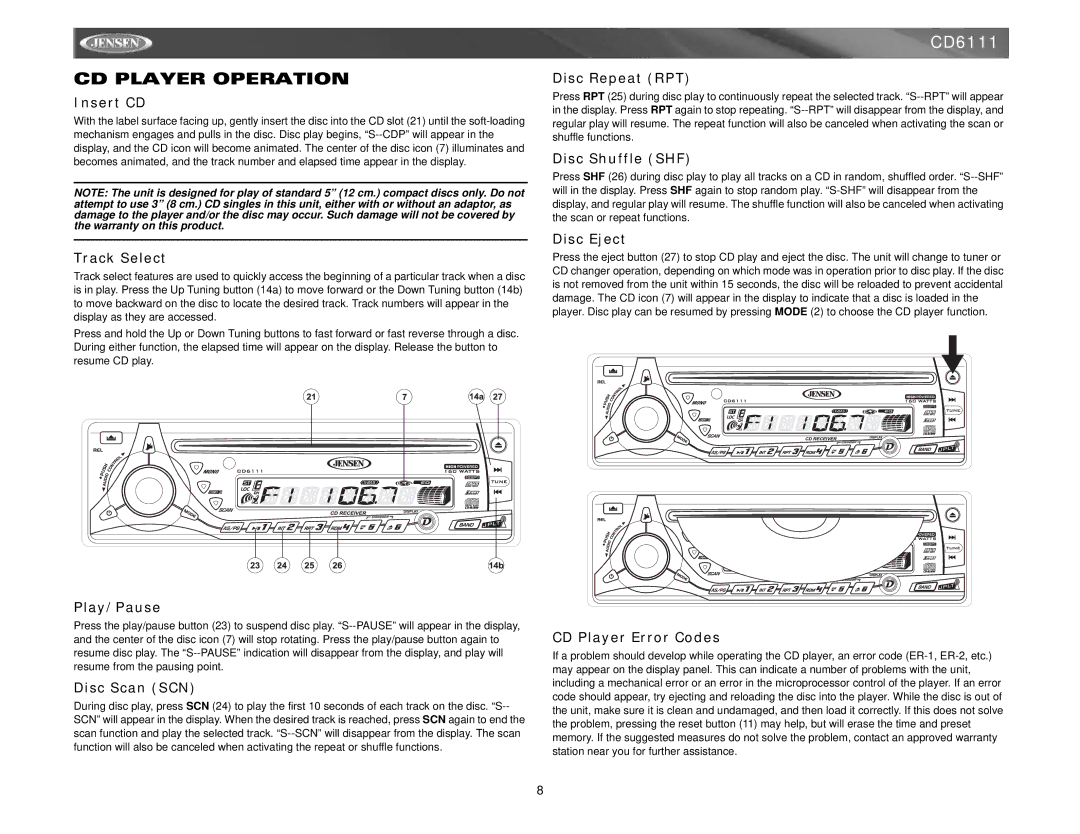 Jensen CD6111 instruction manual CD Player Operation 