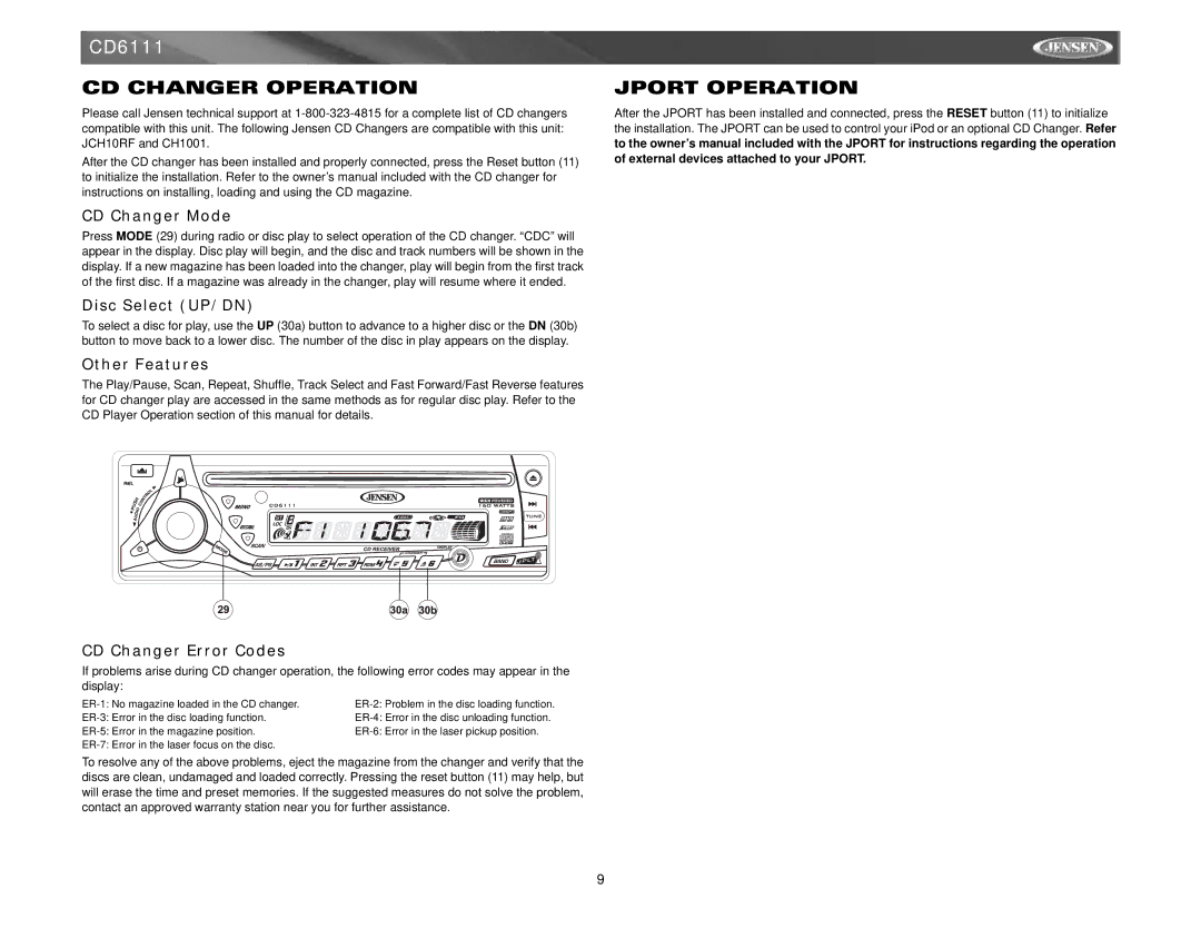 Jensen CD6111 instruction manual CD Changer Operation, Jport Operation 