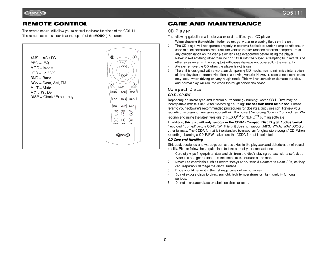 Jensen CD6111 instruction manual Remote Control, Care and Maintenance, CD Player, Compact Discs, CD Care and Handling 