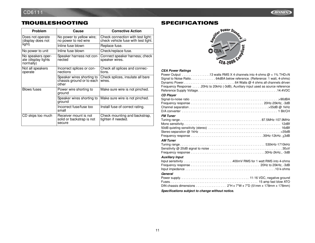 Jensen CD6111 instruction manual Troubleshooting, Specifications 