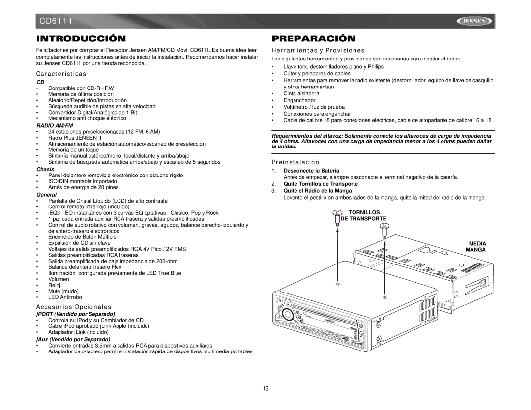 Jensen CD6111 instruction manual Introducción, Preparación 