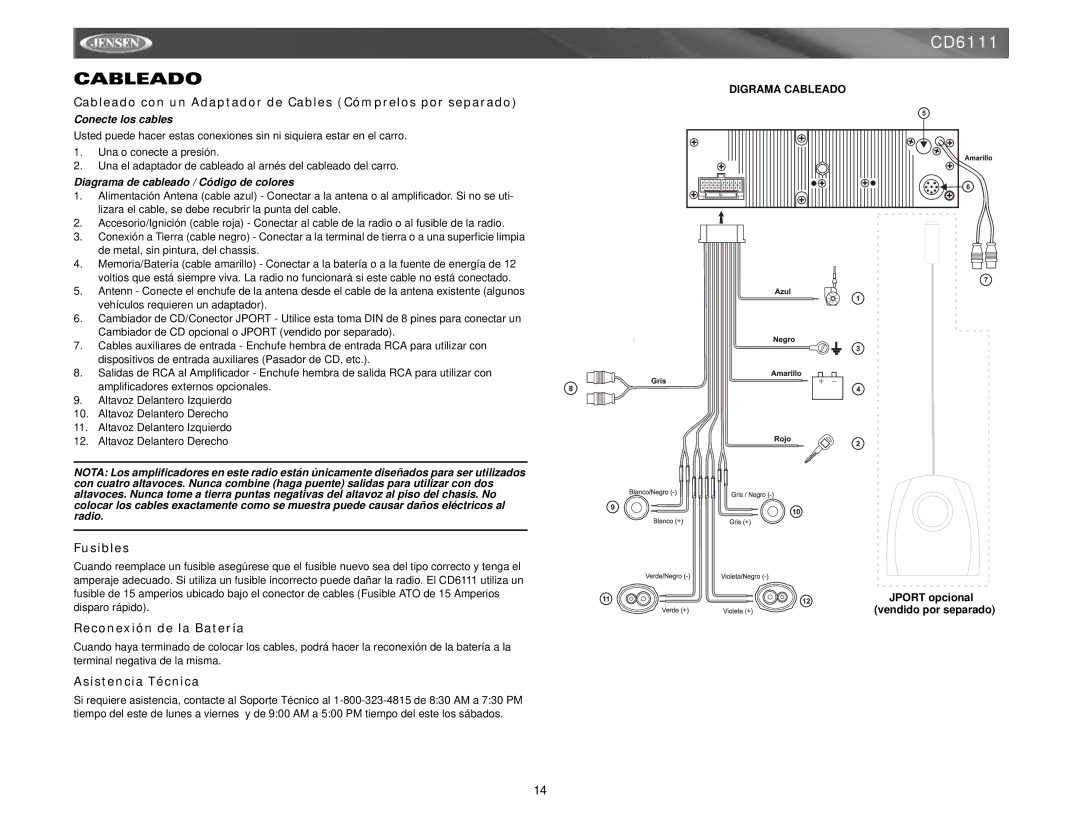Jensen CD6111 Cableado con un Adaptador de Cables Cómprelos por separado, Fusibles, Reconexión de la Batería 