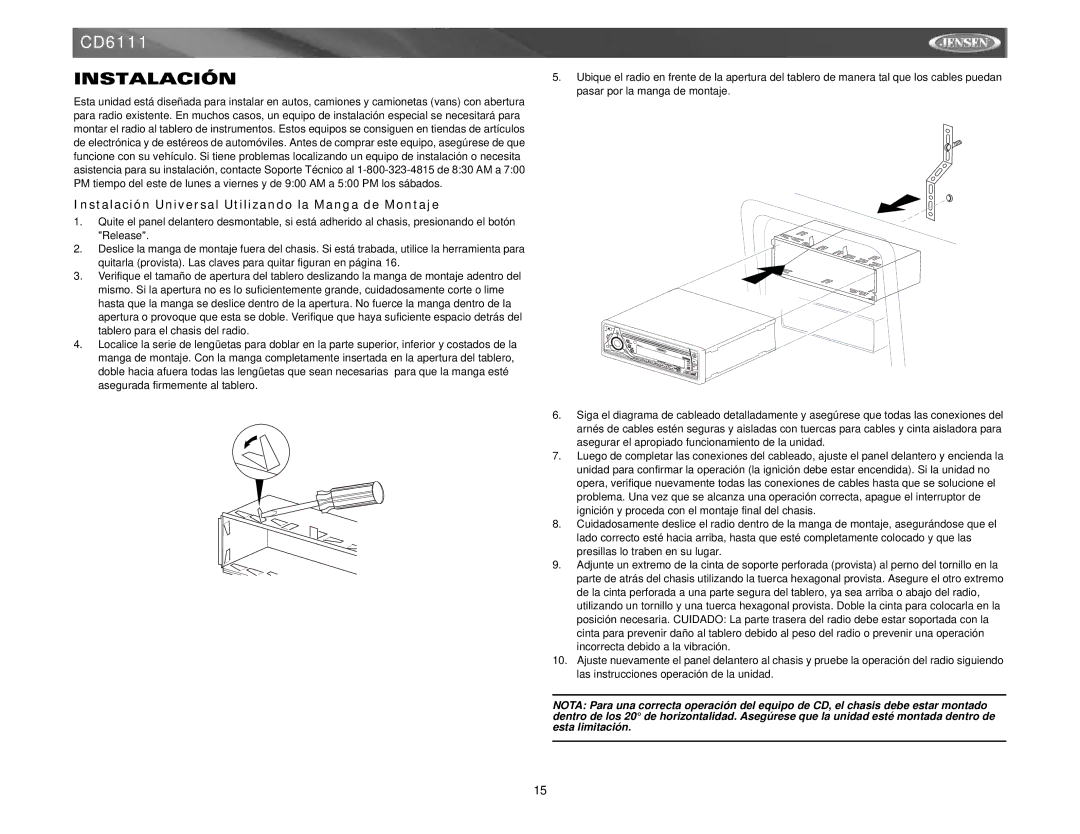 Jensen CD6111 instruction manual Instalación Universal Utilizando la Manga de Montaje 