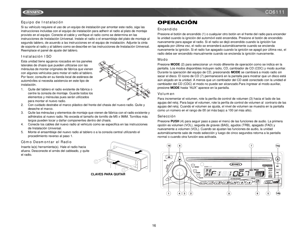 Jensen CD6111 instruction manual Operación 