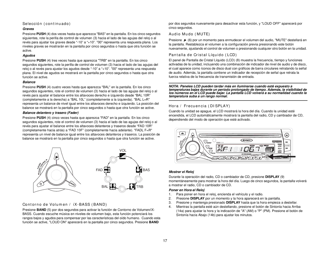 Jensen CD6111 Selección continuado, Audio Mudo Mute, Pantalla de Cristal Líquido LCD, Hora / Frecuencia Display 