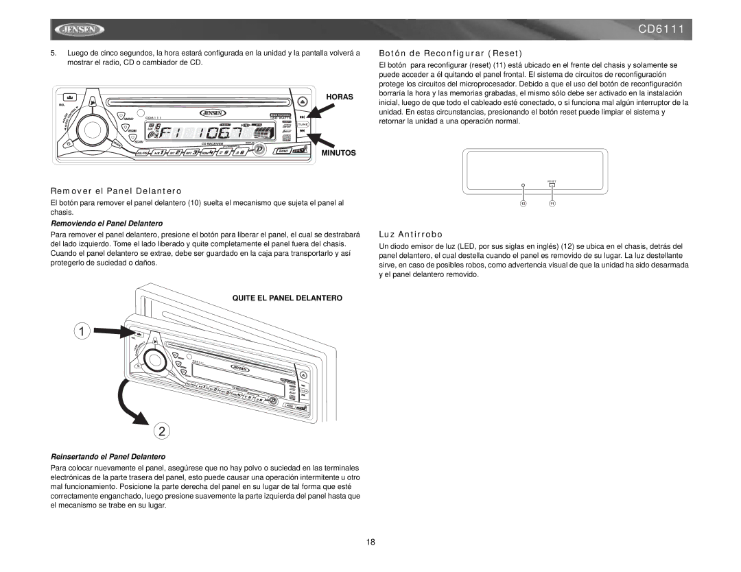 Jensen CD6111 Remover el Panel Delantero, Botón de Reconfigurar Reset, Luz Antirrobo, Removiendo el Panel Delantero 