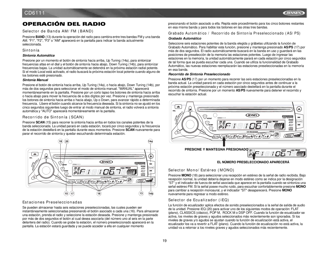 Jensen CD6111 instruction manual Operación DEL Radio 