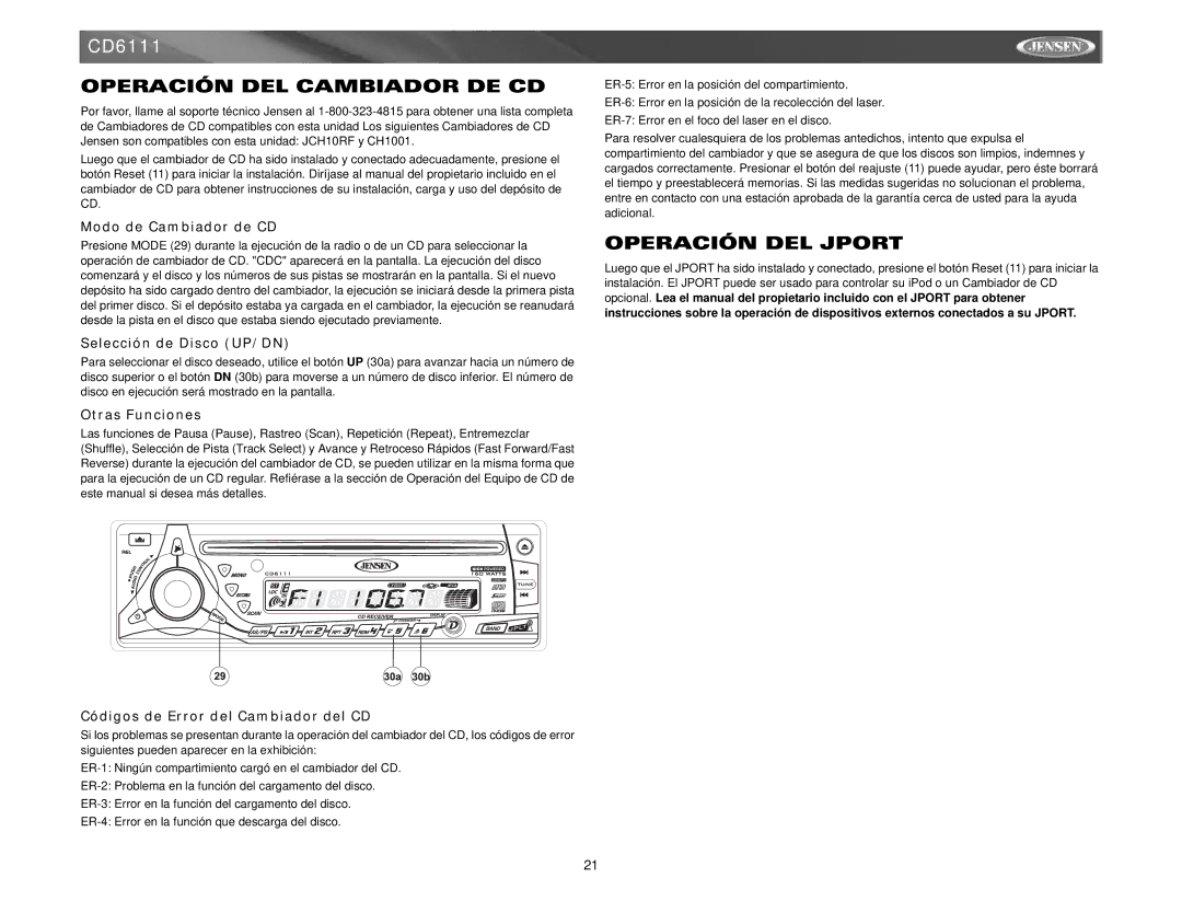 Jensen CD6111 instruction manual Operación DEL Cambiador DE CD, Operación DEL Jport 