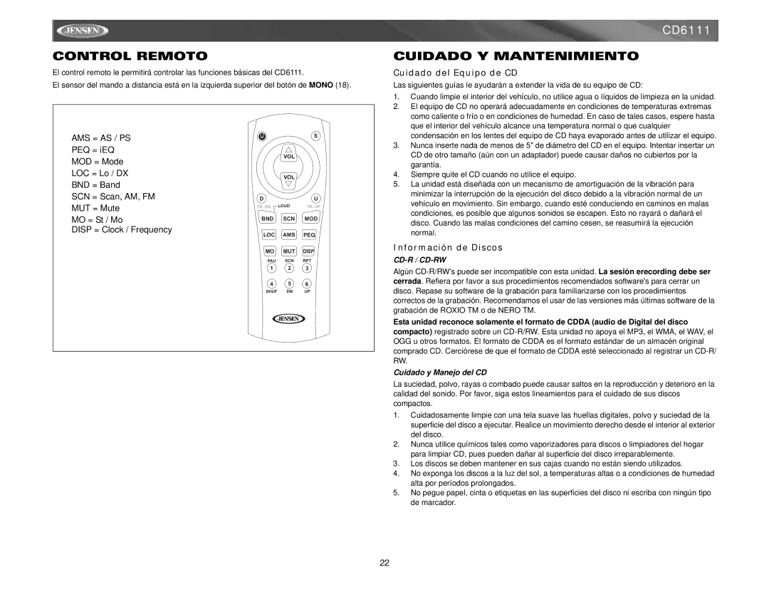 Jensen CD6111 instruction manual Control Remoto, Cuidado Y Mantenimiento, Cuidado del Equipo de CD, Información de Discos 