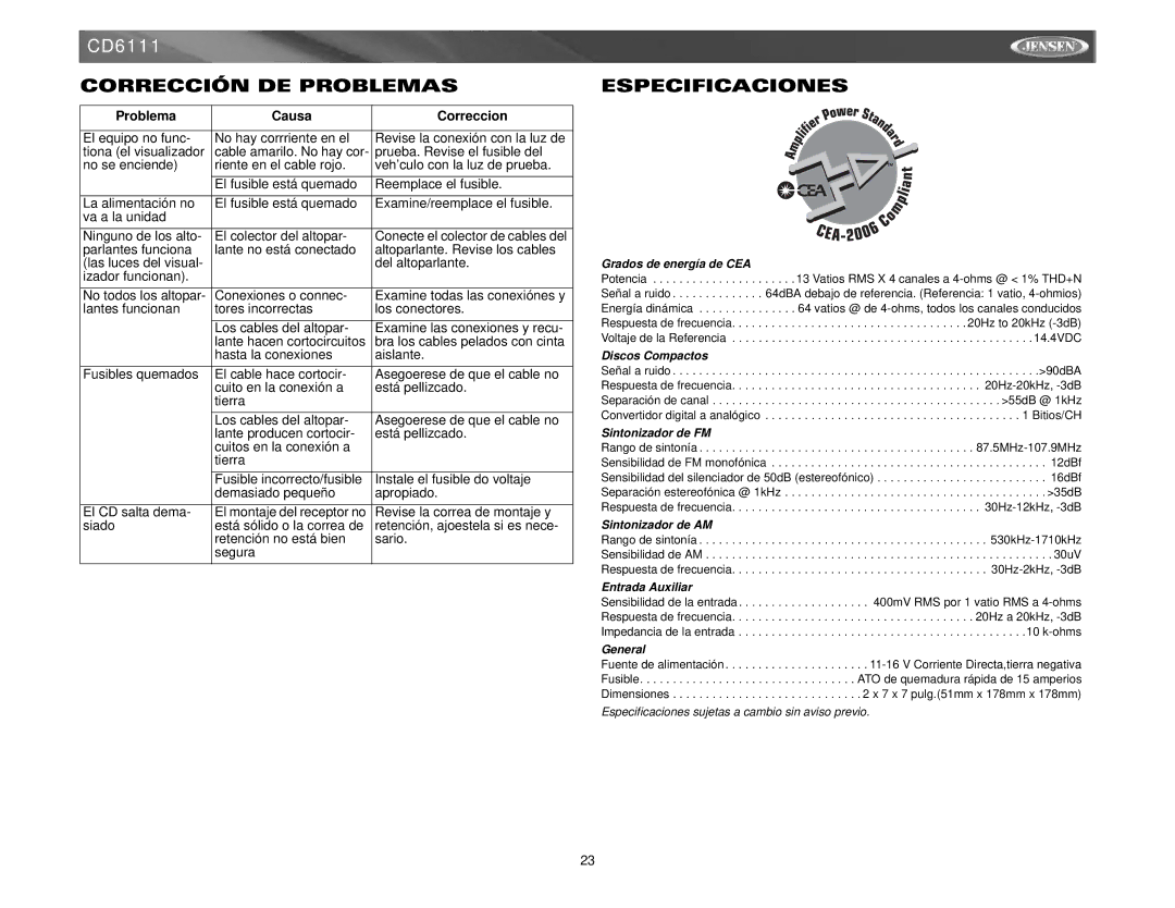 Jensen CD6111 instruction manual Corrección DE Problemas, Especificaciones 