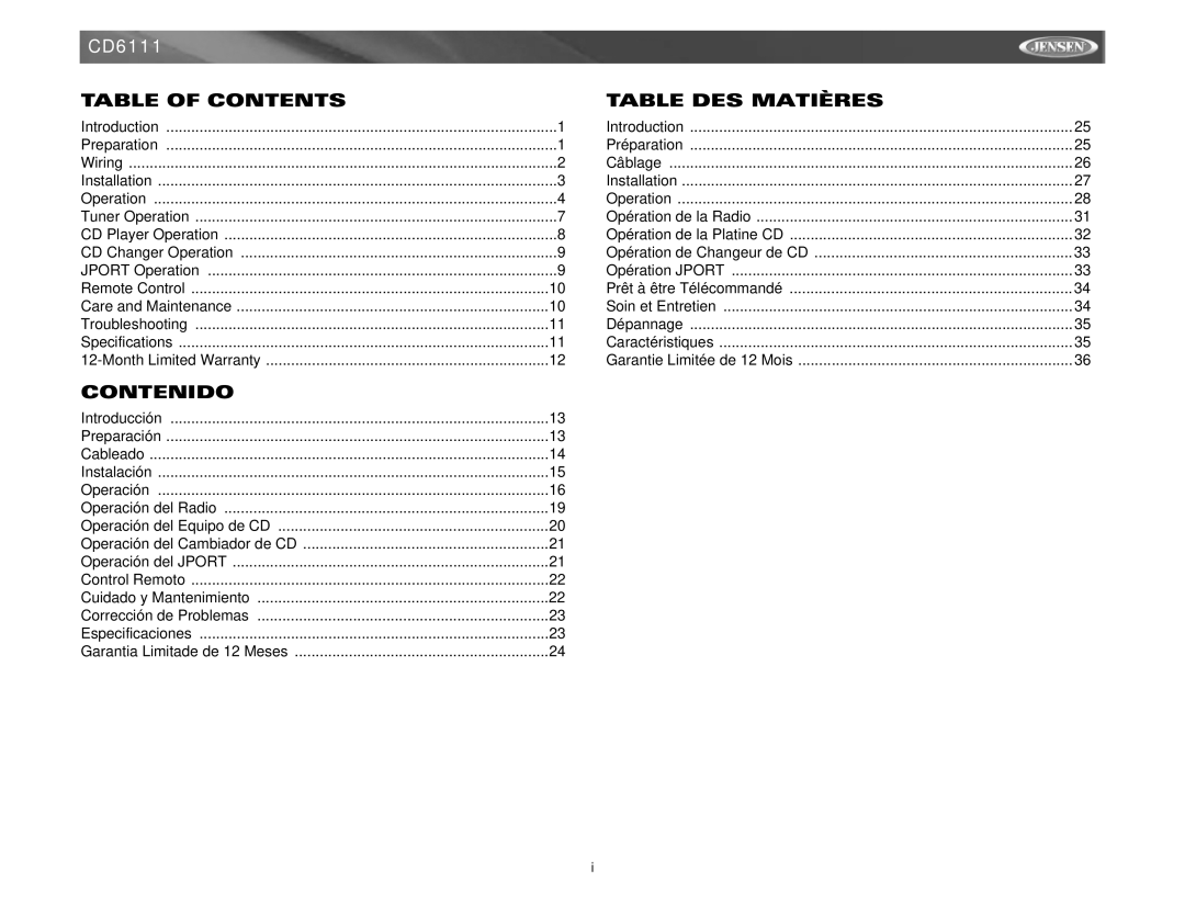 Jensen CD6111 instruction manual Table of Contents, Contenido, Table DES Matières 