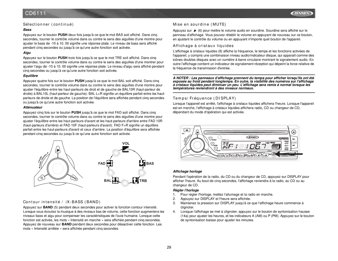 Jensen CD6111 Sélectionner continué, Mise en sourdine Mute, Affichage à cristaux liquides, Temps/Fréquence Display 