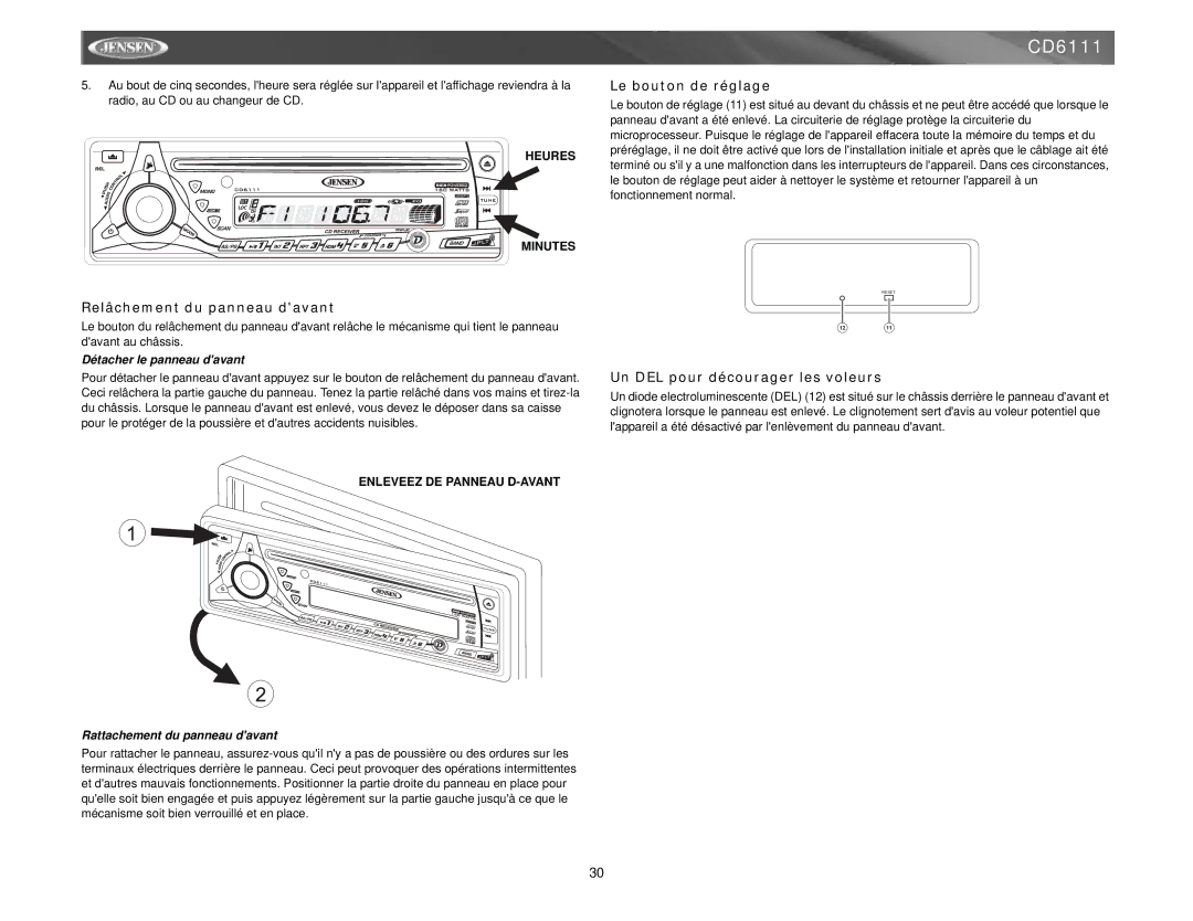 Jensen CD6111 instruction manual Relâchement du panneau davant, Le bouton de réglage, Un DEL pour décourager les voleurs 