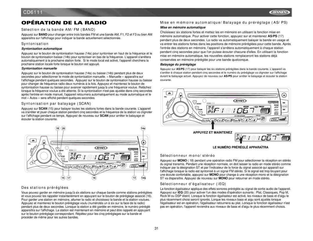 Jensen CD6111 instruction manual Opération DE LA Radio 