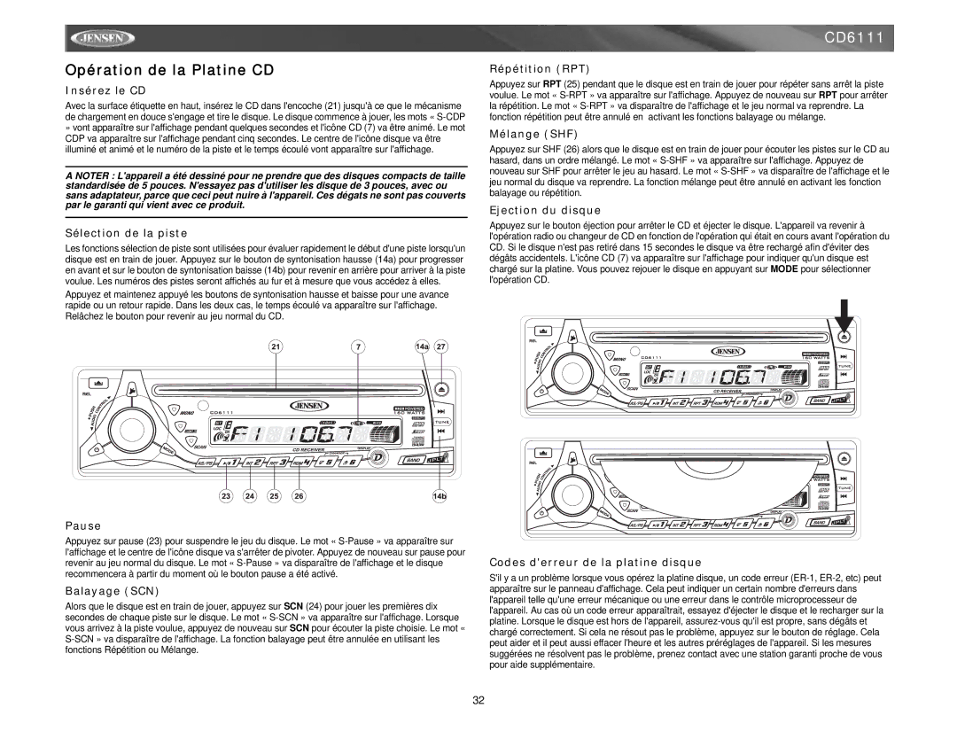 Jensen CD6111 Insérez le CD, Sélection de la piste, Pause, Balayage SCN, Répétition RPT, Mélange SHF, Ejection du disque 