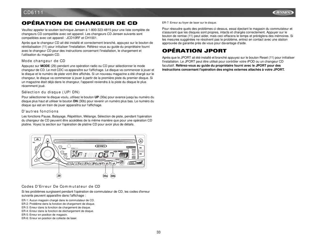 Jensen CD6111 instruction manual Opération DE Changeur DE CD, Opération Jport 