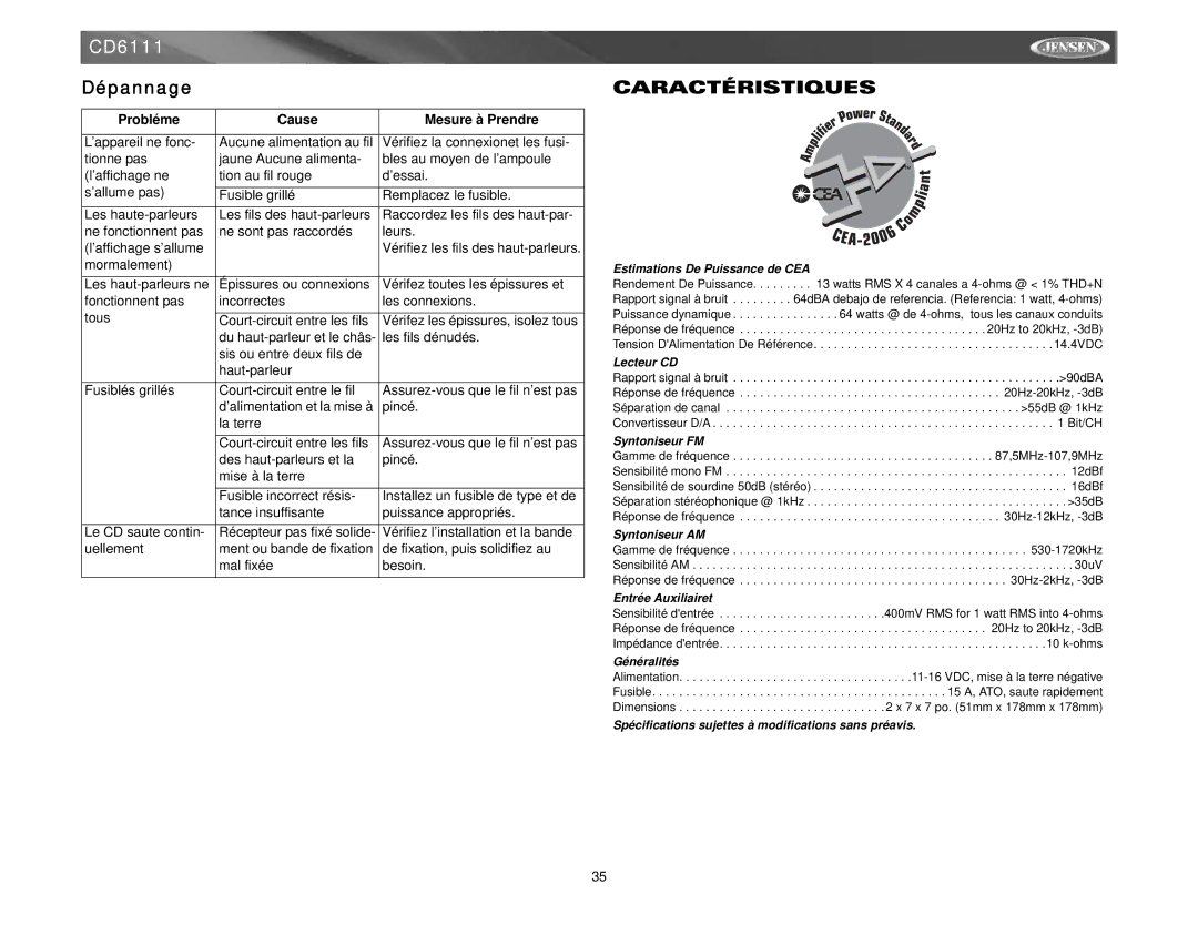 Jensen CD6111 instruction manual Caractéristiques 