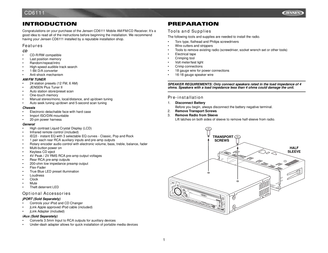 Jensen CD6111 instruction manual Introduction, Preparation 