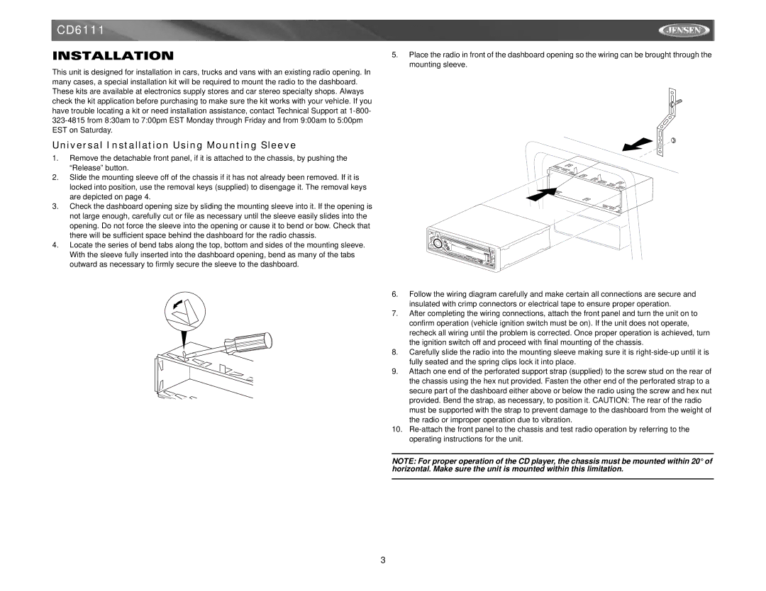 Jensen CD6111 instruction manual Universal Installation Using Mounting Sleeve 