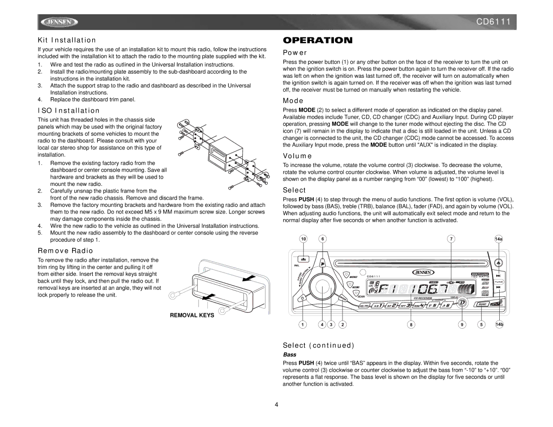 Jensen CD6111 instruction manual Operation 