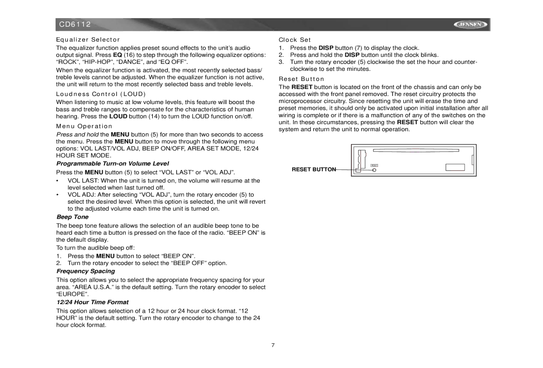 Jensen CD6112 instruction manual Equalizer Selector, Loudness Control Loud, Menu Operation, Clock Set, Reset Button 