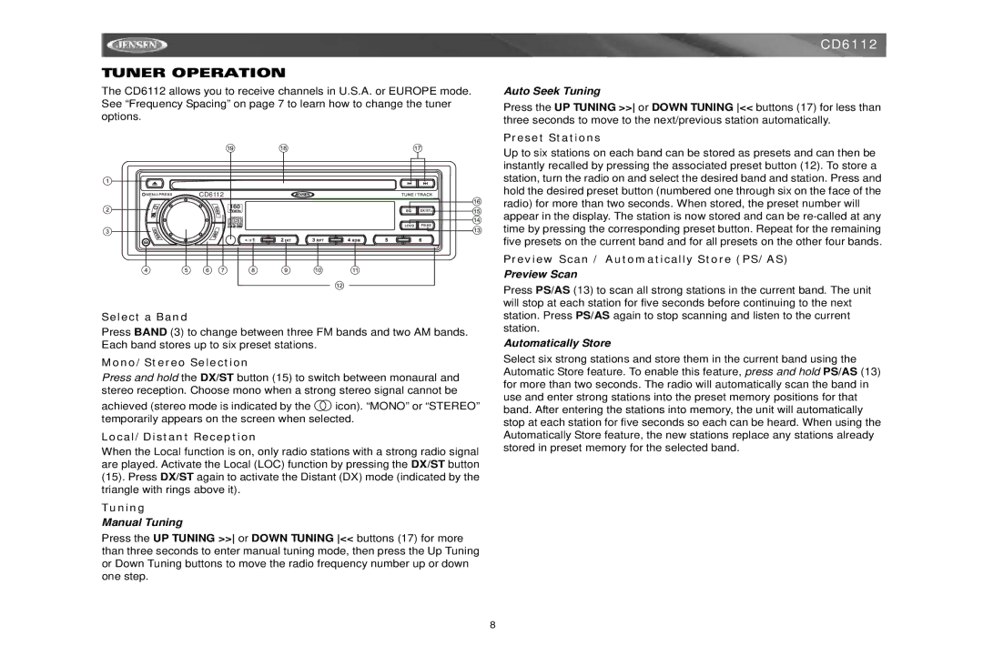 Jensen CD6112 instruction manual Tuner Operation 