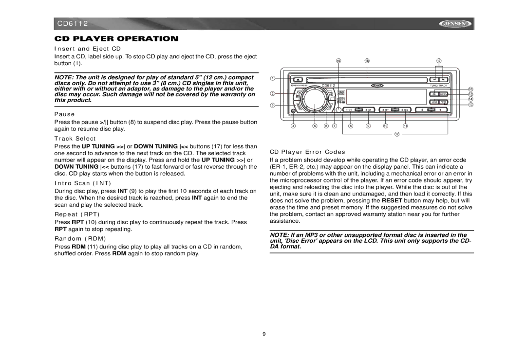 Jensen CD6112 instruction manual CD Player Operation 