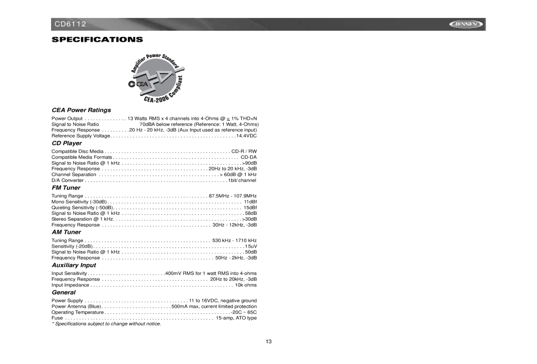 Jensen CD6112 instruction manual Specifications 