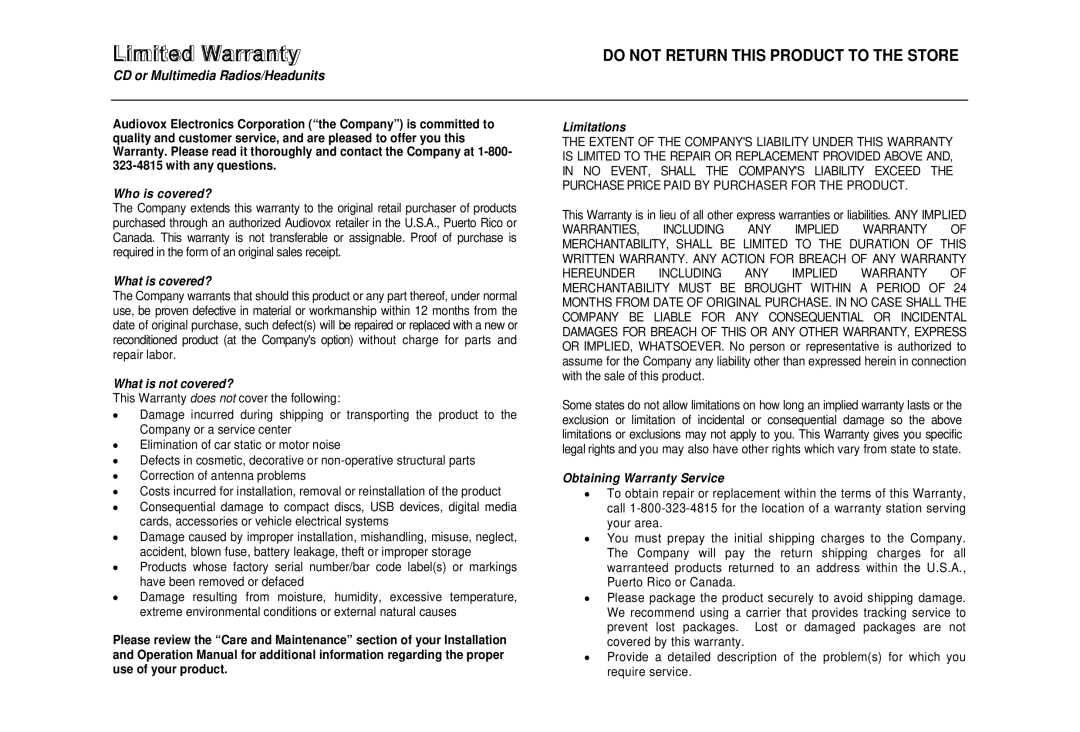 Jensen CD6112 Who is covered?, What is covered?, What is not covered?, Limitations, Obtaining Warranty Service 