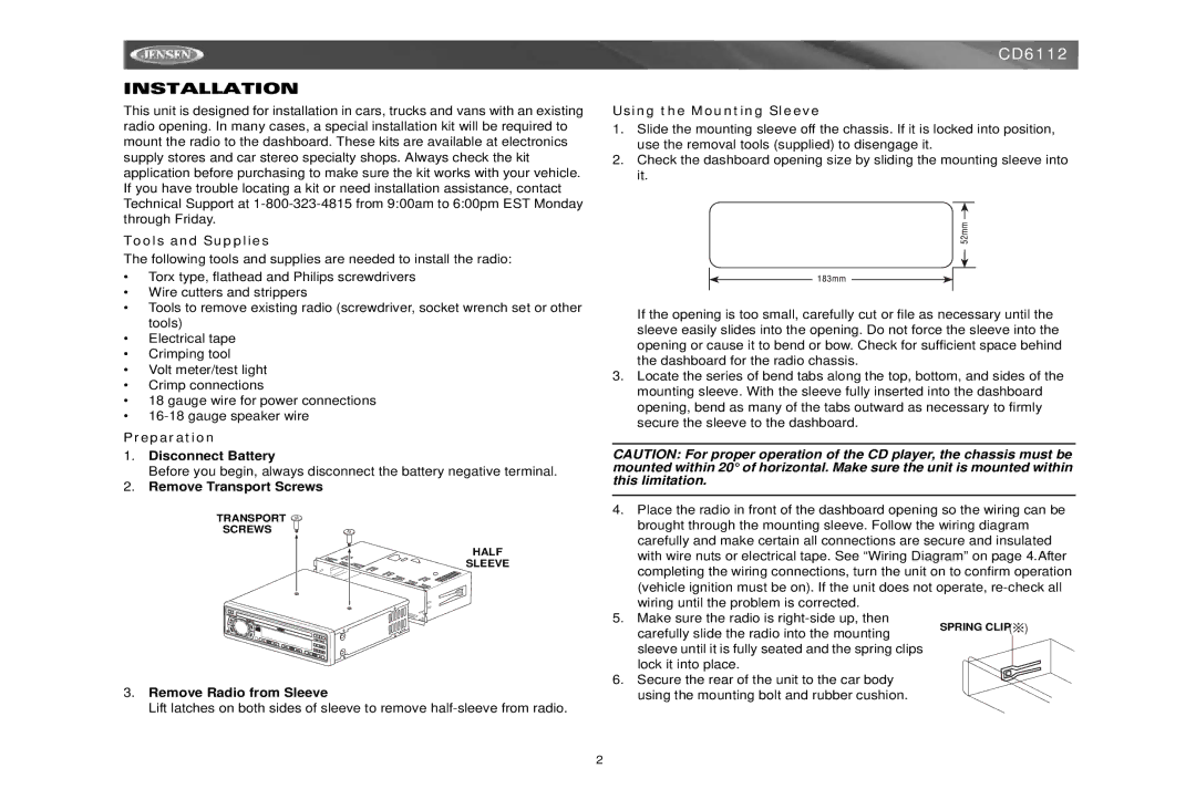 Jensen CD6112 instruction manual Installation, Tools and Supplies, Preparation, Using the Mounting Sleeve 