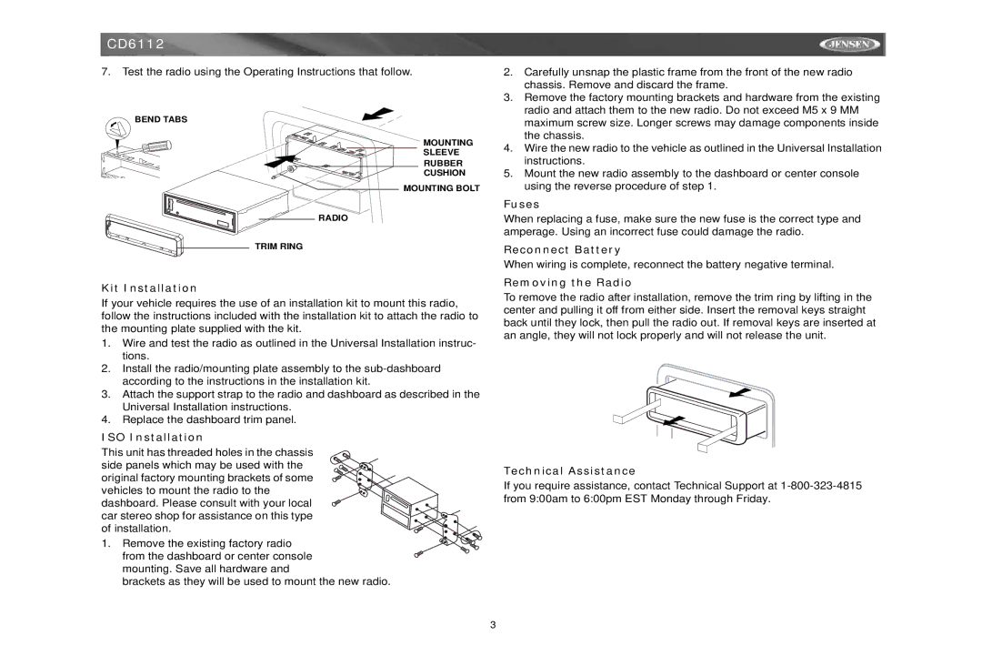 Jensen CD6112 Kit Installation, ISO Installation, Fuses, Reconnect Battery, Removing the Radio, Technical Assistance 