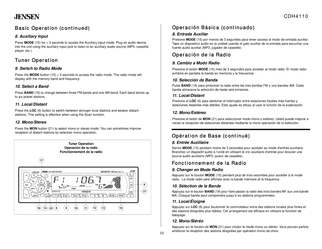 Jensen CDH4110 owner manual Tuner Operation, Operación de la Radio, Fonctionnement de la Radio 