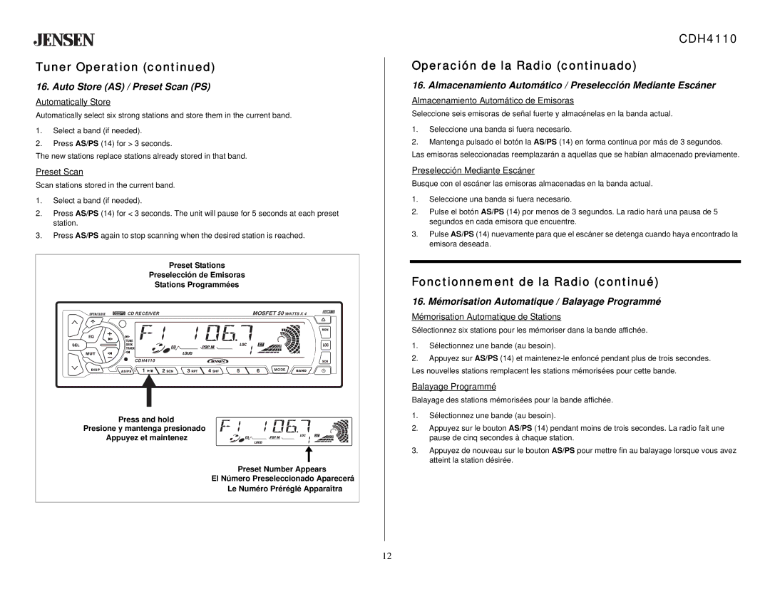 Jensen owner manual CDH4110 Operación de la Radio continuado, Auto Store AS / Preset Scan PS 